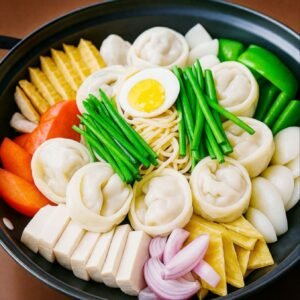 No(58)어묵 만두 찌개 Eomuk Mandu Jjigae [br] Savory Korean stew served in a hot pot with fish cakes, mandu (dumplings), ramen noodles, and fresh vegetables.