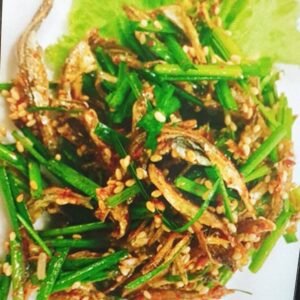 No 59(1)멸치볶음 Myeolchi Bokkeum [br] Korean Anchovies Stir-Fry Stir-fried small korean anchovies with soy sauce and sesame.