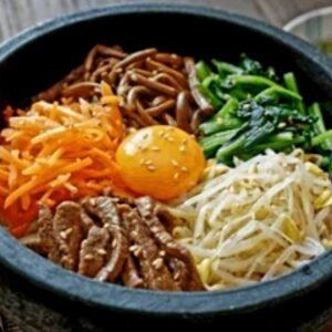 No(38)돌솥비빔밥 Dolsot Bibimbap [br] Hot Stone Bibimbap Korean mixed rice served in a sizzling hot stone bowl with vegetables, egg and gochujang sauce.Beef Bibimbap,Chicken Bibimbap,Pork Bibimbap
